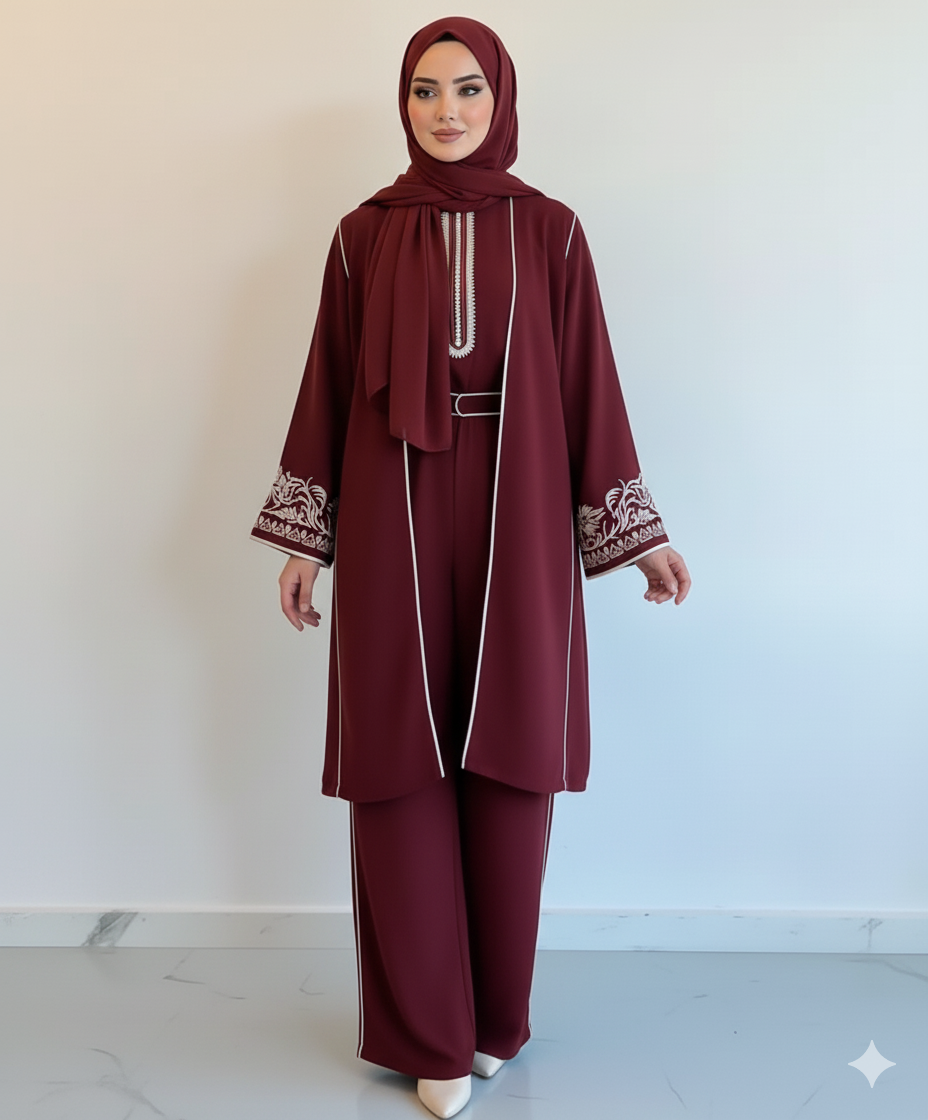 Her mevsime uygun 3parçalı Fas takımı (Bordo)