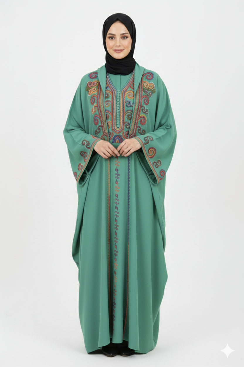 Şeyha abaya takımı mint rengi, işlemeli, resmi yazlık