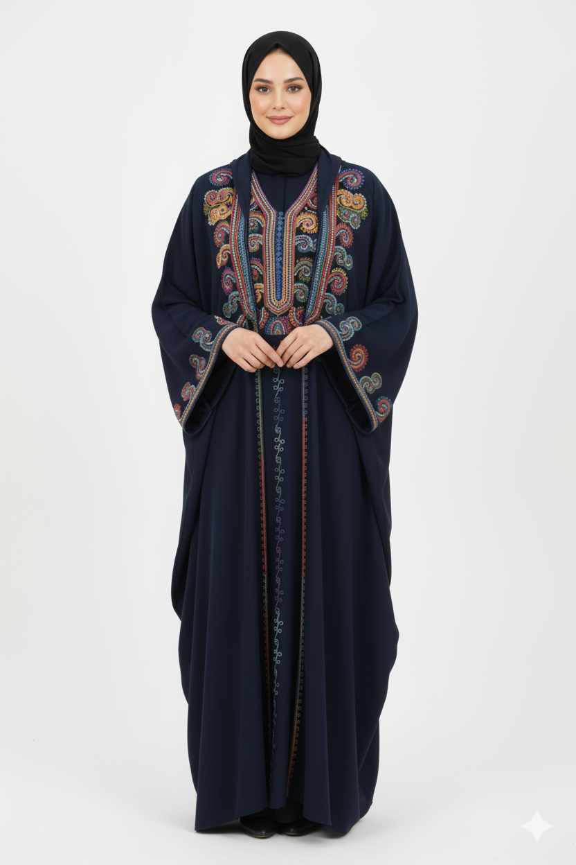 Şeyha abaya takımı lacivert, işlemeli, resmi yazlık abaya takımı